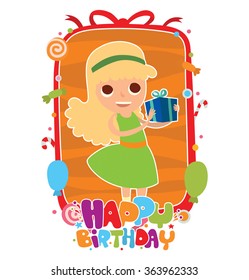 Vector image of orange-red frame with candies, balloons, confetti, with words "Happy birthday" and with cartoon image of little girl with blue gift in hands on a white background. Vector illustration.