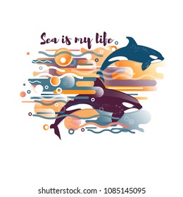 Vector image of orca, killer whale and sea fauna. A vivid abstraction of the pattern for the design of a print, fabric or magazine, a landscape panel. Title or cover. Gradient, stripes, ovals and wave