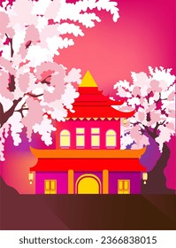 Vector image an oriental house, with red curved roof, Chinese pagoda near a cherry blossom tree. Buddhism, Japan and Korea. Oriental traditions, Colorful poster for the new year