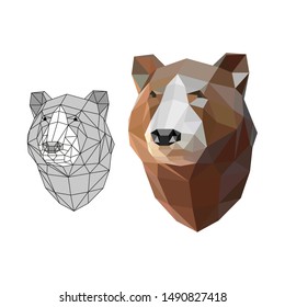 
Vector image - origami. Brown bear head made of colored paper. An abstract image consisting of geometric shapes of triangles and squares. Fashionable color of a neon pattern, bright colors.