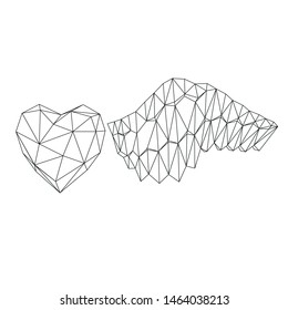 
Vector image - origami. Heart with paper wings. Abstract image consisting of geometric shapes. Black and white picture.