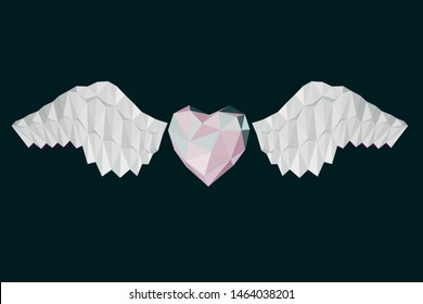 
Vector image - origami. Heart with wings of colored paper. Abstract image consisting of geometric shapes. Trendy bright neon colors.
