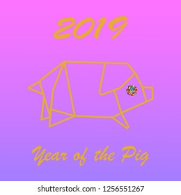 A vector image of origami pig with gold outline on gradient purple background. Season's greetings, Merry Christmas, Happy Chinese New Year, Year of the pig.