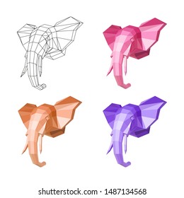 Vector image - origami. Set of elephant heads with colored paper tusks. An abstract image consisting of geometric shapes of triangles and squares. Fashionable color neon pattern, bright colors.