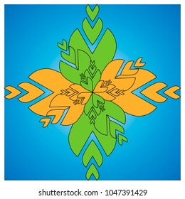 vector image ornament in the form of an abstract orange, green flower with a black outline on a blue gradient background.