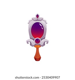 Vector image of an ornate antique mirror with a wooden handle. The oval frame with shimmering details and a royal design for the interface of fantasy games.