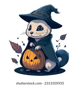 vector image of otter in a hat and witch costume