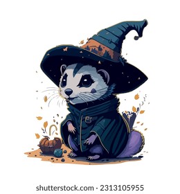 vector image of otter in a hat and witch costume