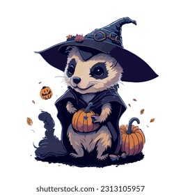 vector image of otter in a hat and witch costume