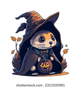 vector image of otter in a hat and witch costume