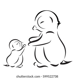 Vector image. Outline drawing of a penguin family mom and baby