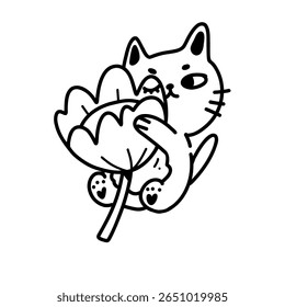 Imagem vetorial em estilo de contorno com um adorável gato estilo kawaii brincando com uma flor . Perfeito para projetos de tipografia, desenhos de personagens e elementos decorativos extravagantes.