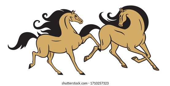 vector image with outline of two thoroughbred horses gracefully trotting