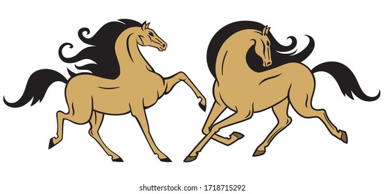 vector image with outline of two thoroughbred horses gracefully  playfully trotting 