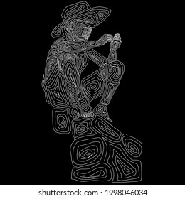 vector image outlines simple stripes drawings a boy in a hat sitting on a stone