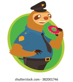 Vector image of a oval green frame with cartoon image of a cute light brown sloth in black-and-blue police uniform and black cap with a donut on a white background. Police officer. Made in flat style.