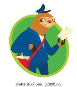 Vector image of a oval green frame with cartoon image of a cute light brown sloth in a blue uniform and blue cap with red bag on his shoulder on a white background. Postman. Made in flat style.