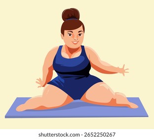 Vector image  overweight girl doing yoga, sports exercises, fitness. Young woman in full growth in flat style. Image on  isolated background.