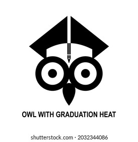 Vector image of an owl in black and wearing a black graduation cap too. A pen hung from his hat.