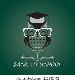 Vector image of an owl glasses with college hat and book