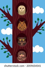Vector image of an owl in a hollow. Owl tree house. Banner, poster, postcard