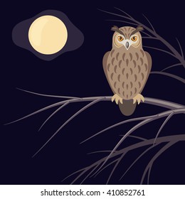 Vector image of an owl sitting on a winter of autumn tree in the night time with full moon. Illustration preferably for kid books and magazines. Can be used for different purposes.  