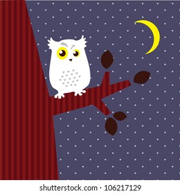 Vector. Image of an owl that sits on a branch / Night landscape