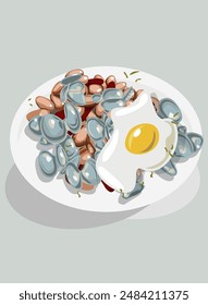 Vector image of oysters with beans and fried eggs on a white plate, in gray color. Healthy food, interesting presentation, lunch, breakfast.