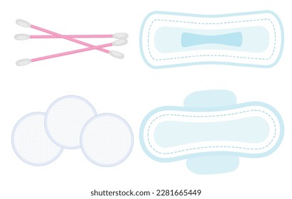 Vector image of pads, ear sticks, cotton pads. Hygiene items and baths. The concept of cleanliness and self-care. Beautiful elements for your design.