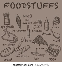 Vector image of painted food on a light brown background with inscriptions under each icon. Graphic vintage illustration.
