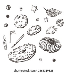 Imagen vectorial de frambuesas pintadas, fresas y varias galletas sobre un fondo blanco.
