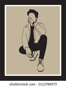 vector image of a painting with a boy posing with a lot of style. Minimalist style drawing.