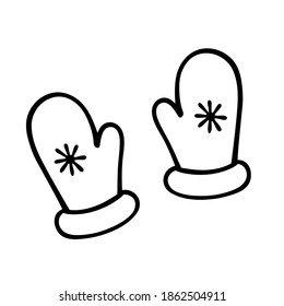 Vector image of a pair of mittens with snowflakes. Isolated element design on a white background. Doodle. 
