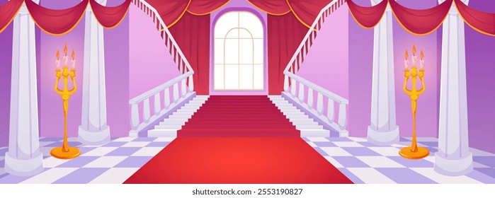 A vector image of the palace interior with a large ballroom, a red carpet and curtains, burning tall golden candlesticks, a staircase immersing in a fairy tale.