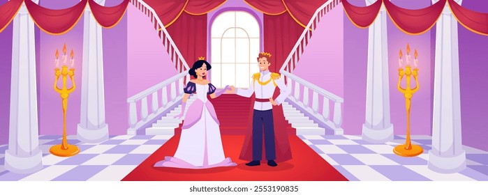 Vector Imagen del interior de un palacio con un Grande salón de baile, un príncipe y una princesa, decoración de lujo, candelabros en llamas, una escalera que se sumerge en un cuento de hadas.