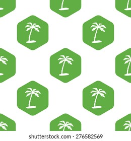 Vector image of palm on beach in hexagon, repeated on white background