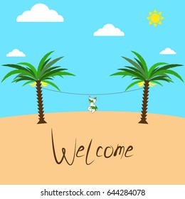Vector image of a palm tree, sun and sand. Concept is welcome for a vacation on the sea, the ocean, the islands on vacation.