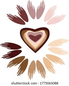 
Vector image of the palms of the hands of different colors and different hearts. Color gradient The idea of ​​unity of races and peoples. The concept of friendship and tolerance.