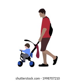 Vector image of a pama with a baby. Silhouettes of a walking man and a boy riding a bicycle. Urban environment