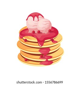 
Vector image of pancakes with ice cream and berry sauce on a white background.