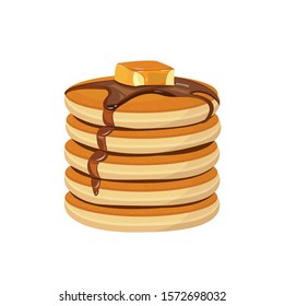 
Vector image of pancakes with wedge syrup and a slice of butter on a white background.