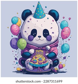 vector image of panda bear with birthday party balloons