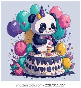 vector image of panda bear with birthday party balloons