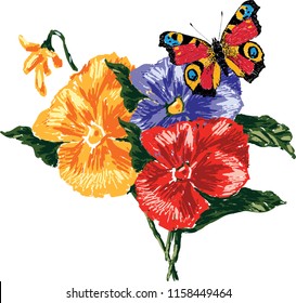 Vector image of pansies and butterfly. All objects isolated.
