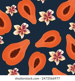 Imagen de Vector de papaya sobre fondo azul y flores tropicales.