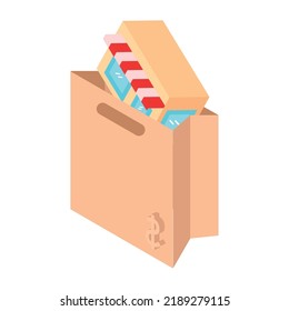 imagen vectorial, bolsa de papel con iconos de compra.