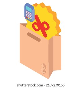 vector image, paper bag with shopping icons.