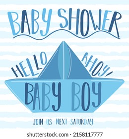 Vector image of a paper boat with the inscription Babe Shower and Ahoy on striped blue background. Illustration on the sea theme for a boy sailor. Invitation card template for a holiday, birthday