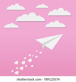 vector image paper clouds paper airplane and paper hearts on a pink background
