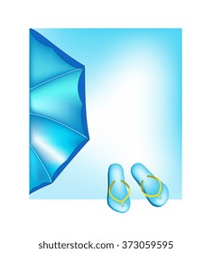 Vector image of a parasol umbrella and flip flops, with a blue sky background and copyspace for text